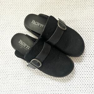Born Comfort Black Lia Slip On Wool Open Back Clogs Buckle Strap Women 8-8.5